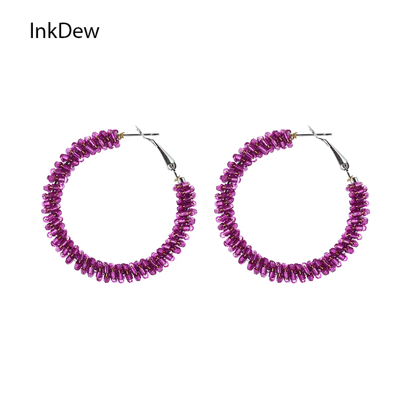 

INKDEW New Cylindrical Beads Crystal Hoop Earrings Trendy Geometric Round Big Earrings For Women Gift Party Jewelry boho