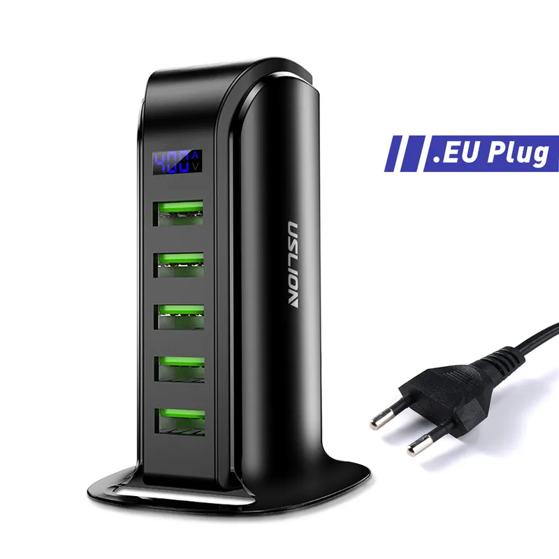 USLION 5 Port USB Charger HUB LED Display Multi USB Charging Station Dock Universal Mobile Phone Desktop Wall Home EU UK Plug 65 watt charger phone Chargers