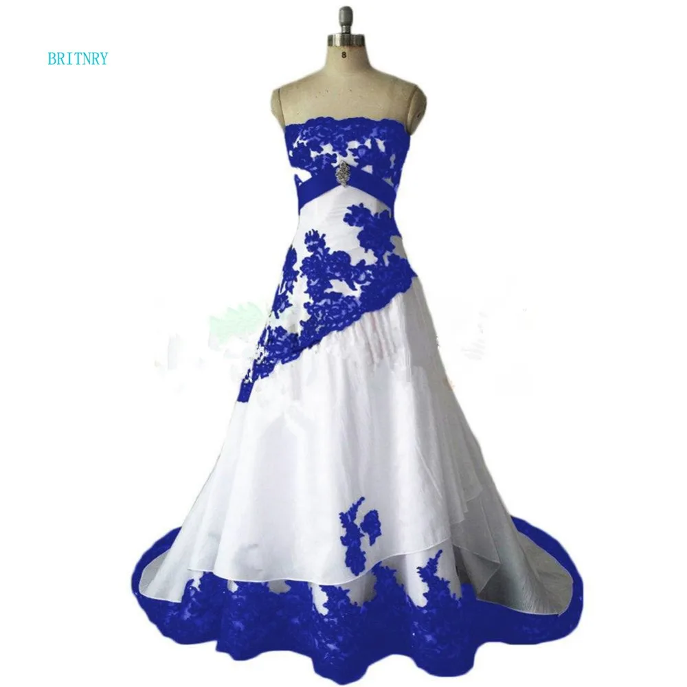 white and blue wedding gown