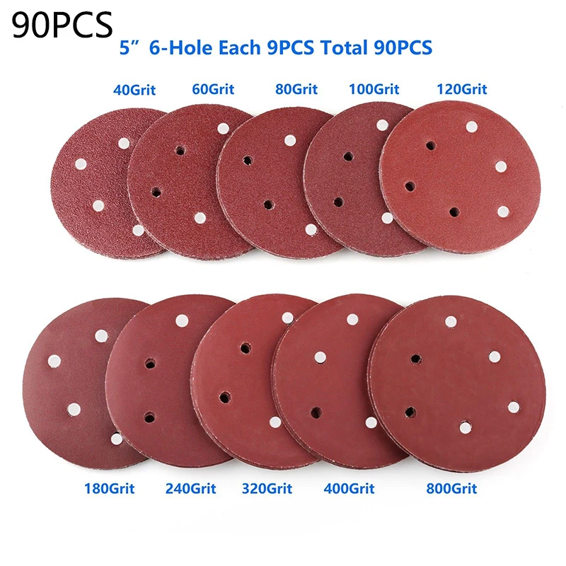 90pcs/Set 40-800 Grit Hook Loop Pads Sanding Disc Orbital Sandpaper Sheet 6 hole for polishing metal, wood, jade, furniture, etc 90pcs/Set 40-800 Grit Hook Loop Pads Sanding Disc Orbital Sandpaper Sheet 6 hole for polishing metal, wood, jade, furniture, etc