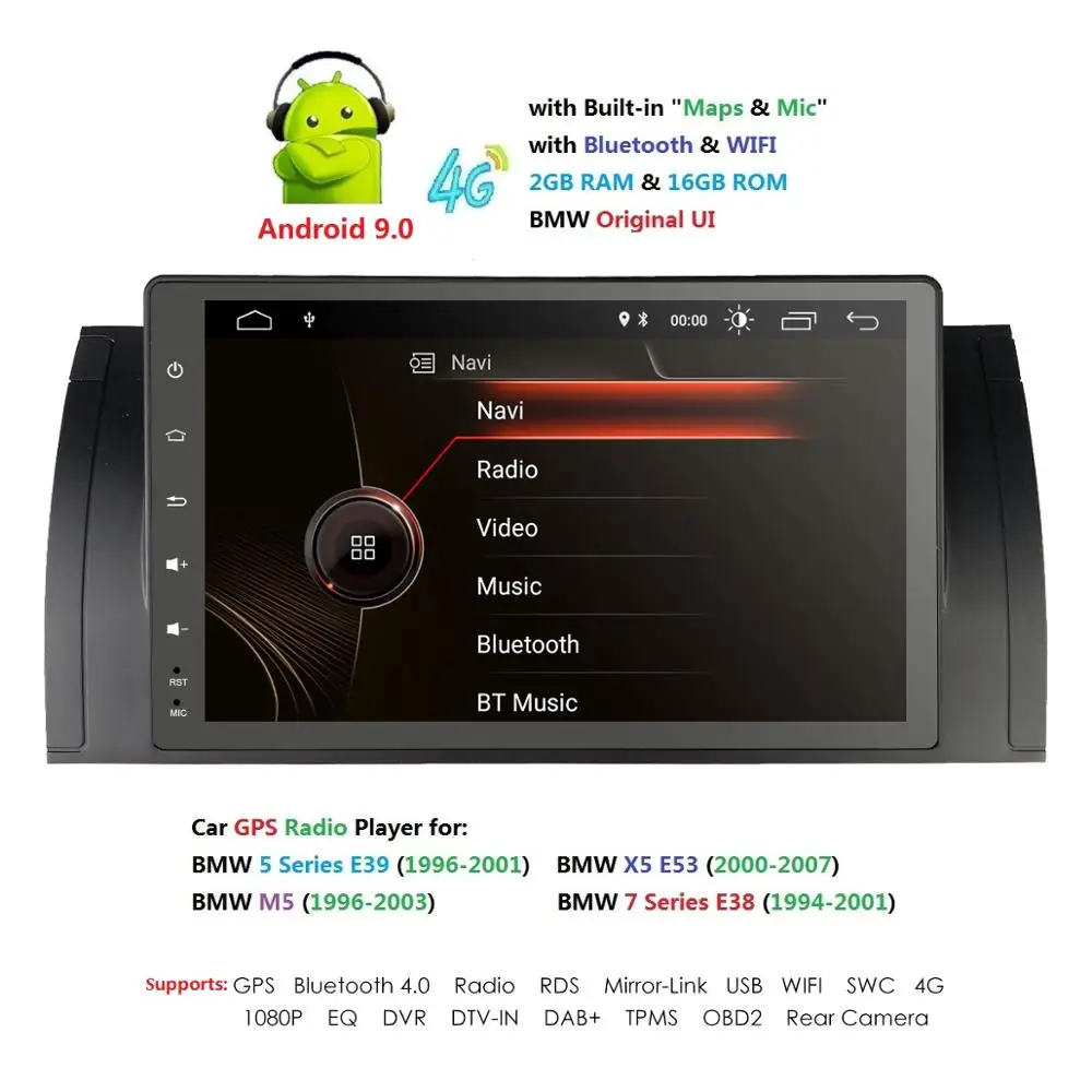  9 inch 1024x600 HD Touch Screen 1 din Android 9.0 Car Multimedia Radio Stereo for BMW E39 E53 X5 Wi