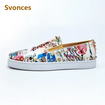 

Unisex Fashion Sneakers Women Shoes Luxury Brand Casual Denim Graffiti Laofers Mixed Color Flats Platform Rivtes Shoes Woman