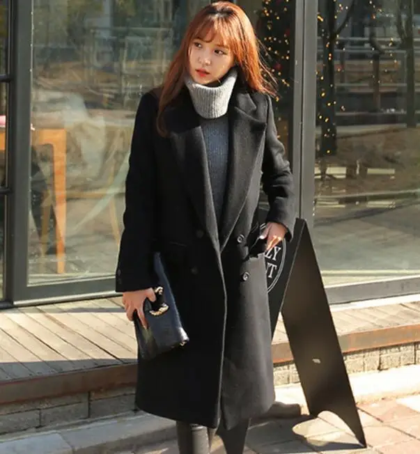 Женское зимнее шерстяное пальто, приталенные двубортные куртки с лацканами, Женское шерстяное пальто, большие размеры - Цвет: Черный