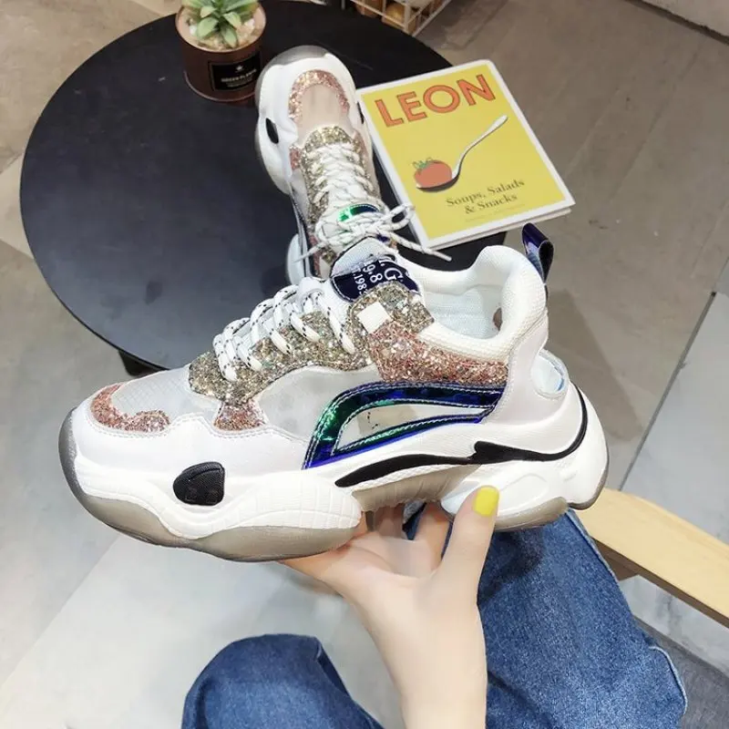 

Chunky Sneakers Women Trainers Platform 2019 Fashion Bling Breathable mesh Ladies White Casual Shoes Woman chaussures femme