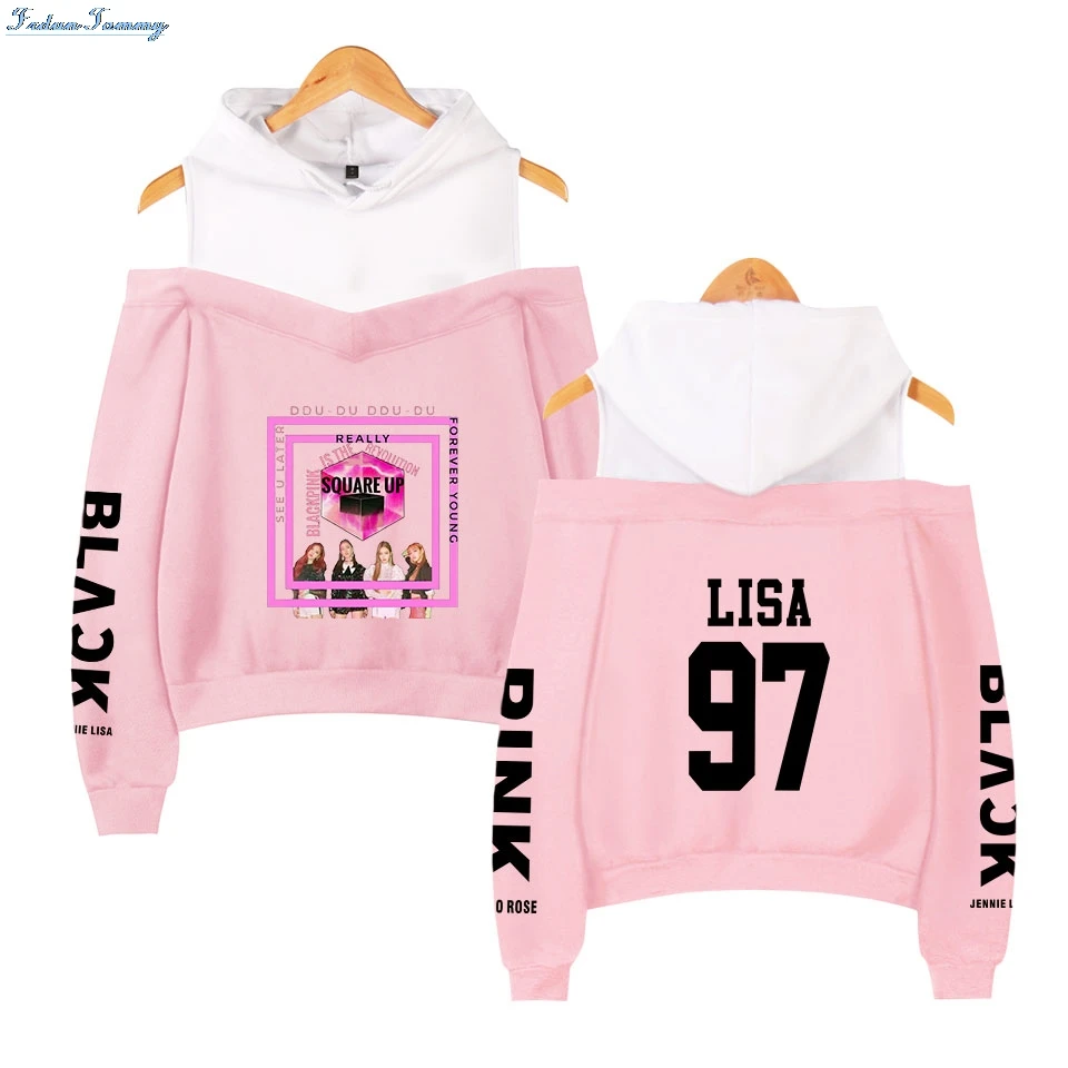 Blackpink اللون الأسود و الأبيض خارج الكتف الكورية البلوز Menber المعبود KPOP المطبوعة المرأة أزياء هوديس البلوز Blackpink اللون الأسود و الأبيض خارج الكتف الكورية البلوز Menber المعبود KPOP المطبوعة المرأة أزياء هوديس البلوز