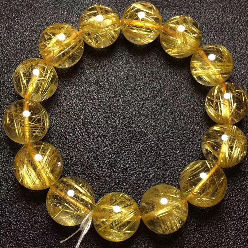 

16mm Brazil Natural Gold Rutilated Titanium Quartz Bracelet For Woman Man Round Wealthy Crystal Beads Fashion Charms Jewelry