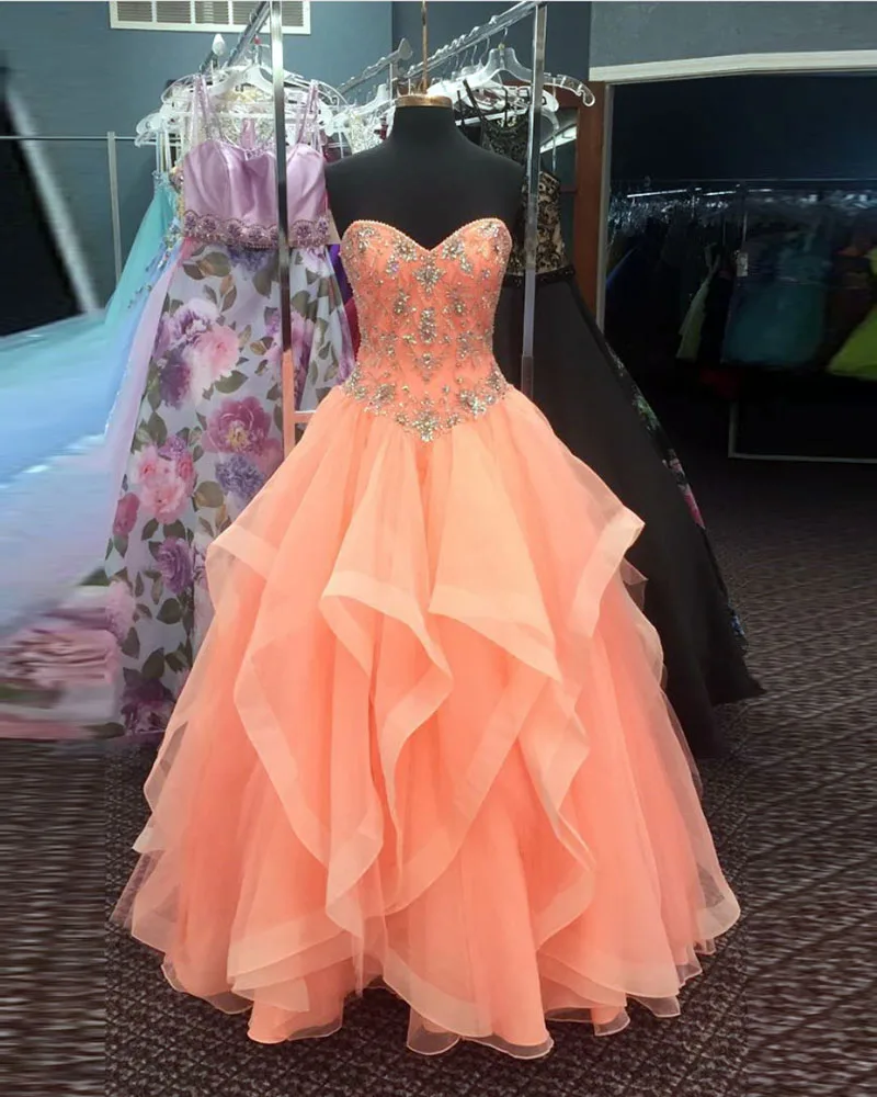 

Ruby Bridal Vestidos Quinceanera Long Orange Organza Beaded Quinceanera Dresses Girl Party Prom Dresses PW952