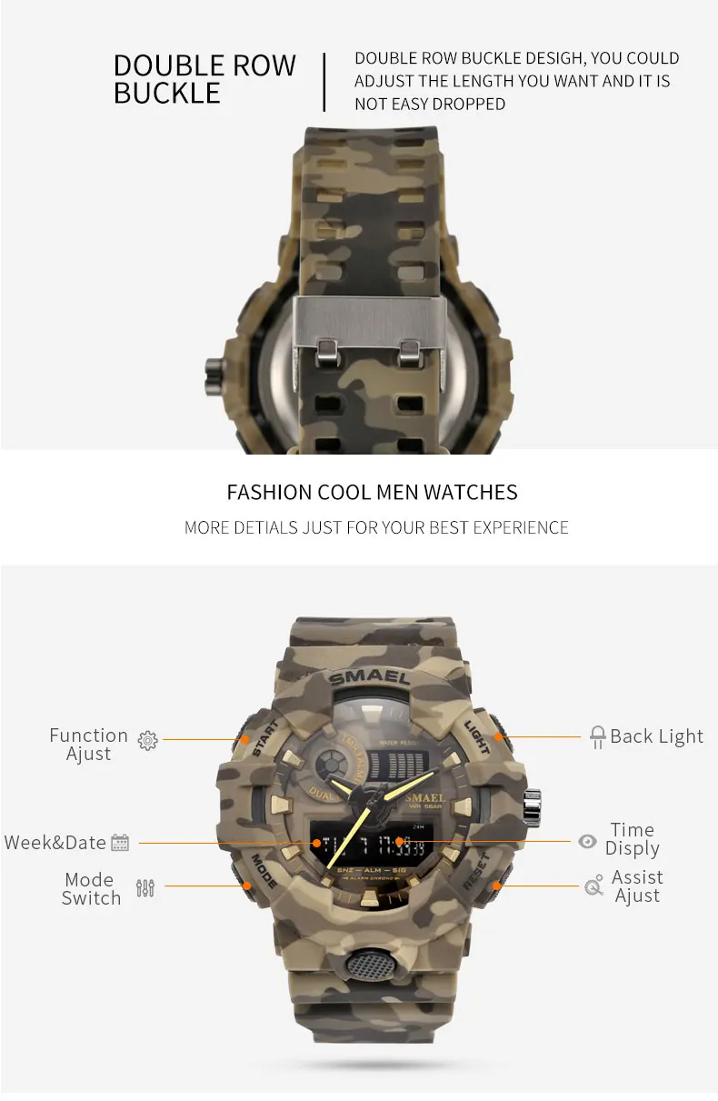 Новые камуфляжные военные часы SMAEL Брендовые спортивные часы светодиодный кварцевые часы мужские спортивные наручные часы 8001 мужские армейские водонепроницаемые часы