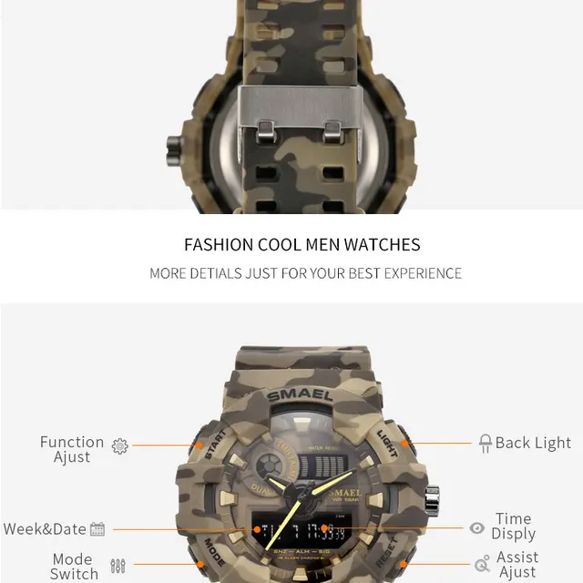 Nowy kamuflaż wojskowy zegarek marki SMAEL zegarki sportowe LED zegarek kwarcowy Mężczyźni Sport zegarek na rękę 8001 mężczyźni Army Watch wodoodporny tanie i dobre opinie Quartz Wristwatches Shock Resistant Stop Watch LED display Auto Date Water Resistant Diver Back Light Chronograph Multiple Time Zone Alarm Luminous Repeater Nowy kamuflaż wojskowy zegarek marki SMAEL zegarki sportowe LED zegarek kwarcowy Mężczyźni Sport zegarek na rękę 8001 mężczyźni Army Watch wodoodporny tanie i dobre opinie Quartz Wristwatches Shock Resistant Stop Watch LED display Auto Date Water Resistant Diver Back Light Chronograph Multiple Time Zone Alarm Luminous Repeater