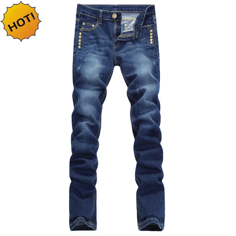 

New Arrive 2017 spring autumn Much Button Stretch skinny jeans men pants biker mens Dark Blue Solid Students Bottoms 28-36