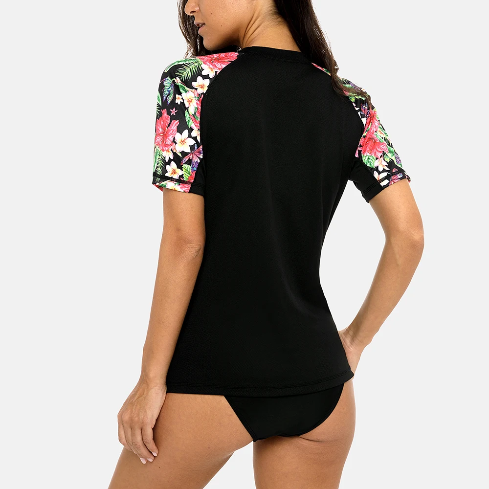 Rash Guard Anfilia Women Short Sleeve Quick-drying Shirt Retro Print Rashguard Top Running Shirts UPF50+ Hiking Shirts