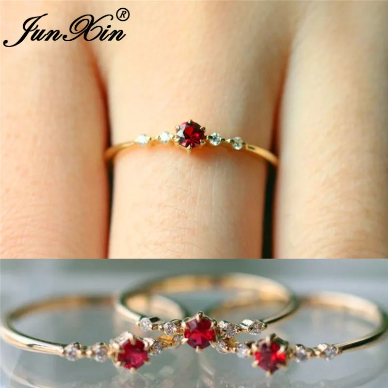 

JUNXIN Minimalist Stacking Wedding Thin Rings For Women Yellow Gold Filled Small White Red Crystal Stone Zircon Eternity Ring