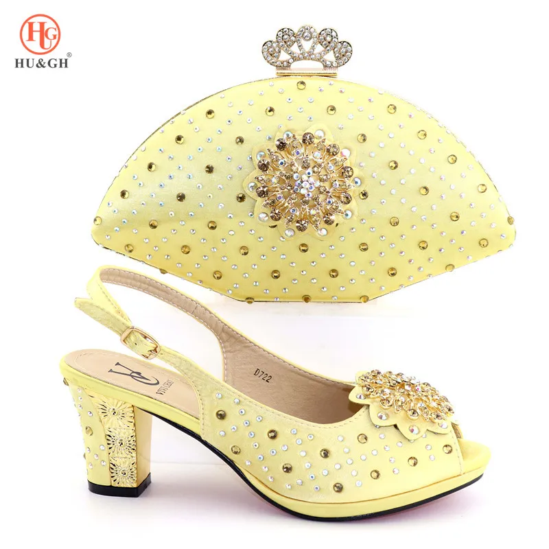 

Italian Yellow Shoes with Matching Bags Set Decorated with Rhinestone African Shoes and Matching Bag for Nigeria Wedding Party