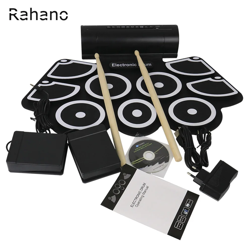 

Rahano Electronic 9 Silicon Pad Roll Up Drum Support MIDI with Drumsticks Foot Pedals USB 3.5mm Audio Cable