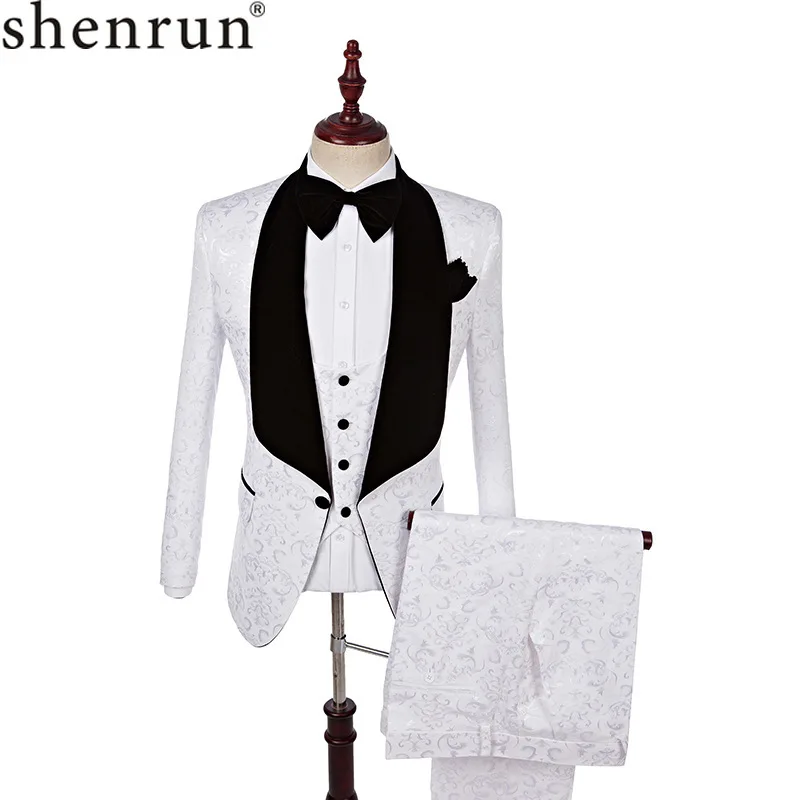 

Shenrun Men Suits Slim Fit Tuxedos White Casual Suit Jacket Vest Pants Wedding Groom Party Prom Stage Show Singer Dancer Costume