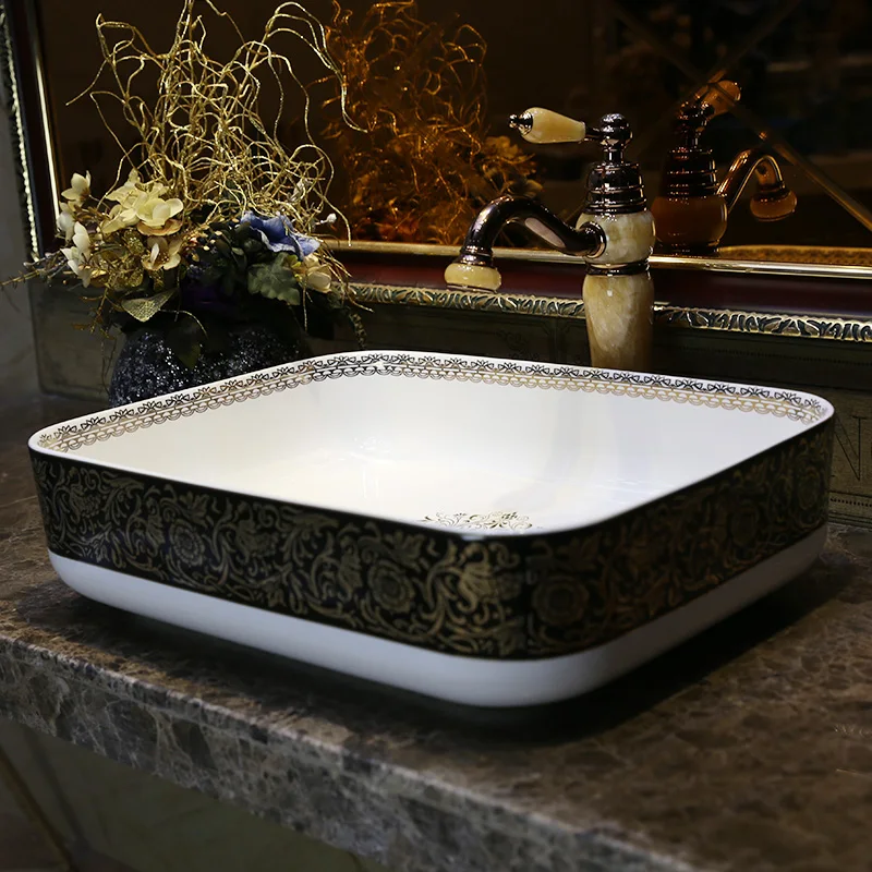

Chinese wash basin Jingdezhen Art Counter Top ceramic sink to bathroom rectangle