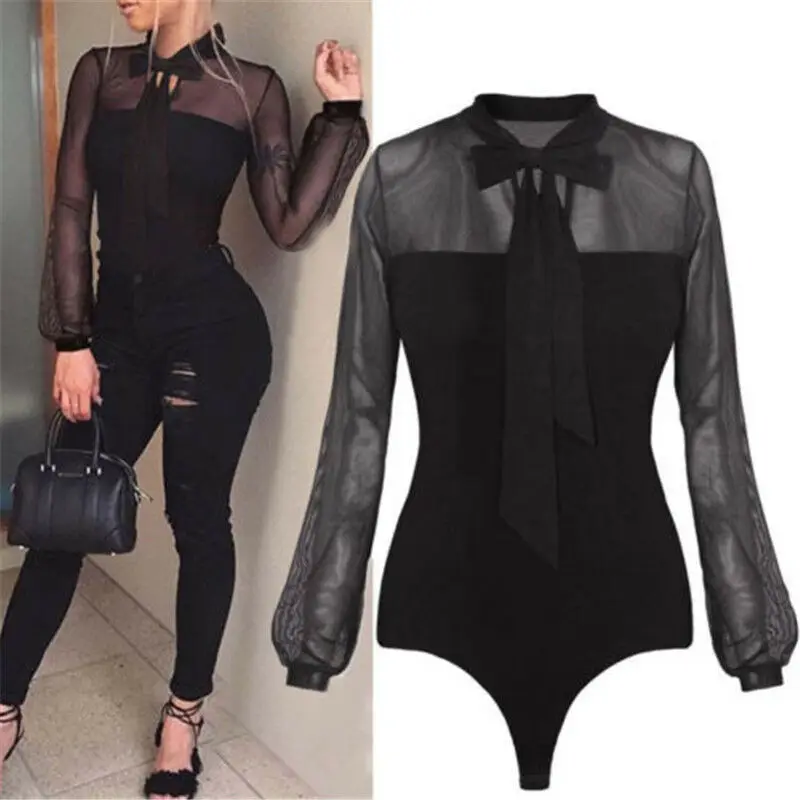 

New 2019 Summer Bodysuit Women Sexy Bow Black Mock Neck Patchwork Long Sleeve Back Ladies Lace Mesh Bodysuit Transparent Tops