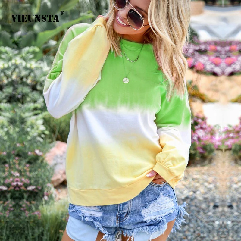 

VIEUNSTA Autumn Women Gradient Color Sweatshirt Causal O-Neck Long Sleeve Pullover Hoodies Female Patchwork Tracksuit Tops 5XL