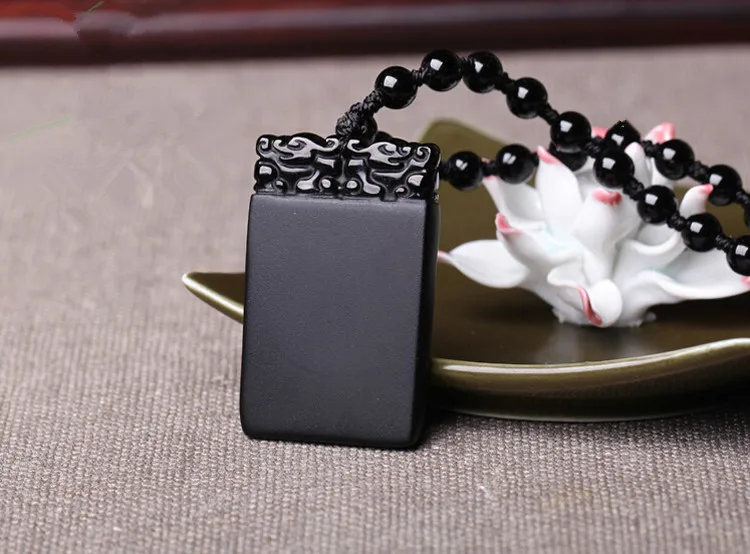 

Natural Obsidian Pendant Necklace tag square dance double frosted lovers