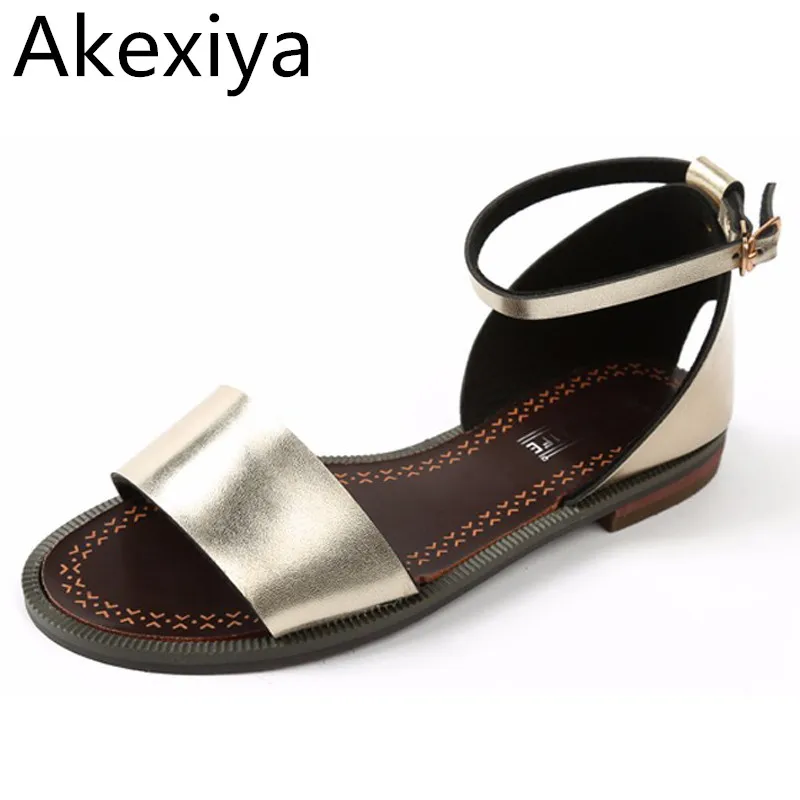 Akexiya 2017 New Solid Flat Sandals Soft Leather Sandals Women Beach Shoes Summer Women Slippers Sandalias