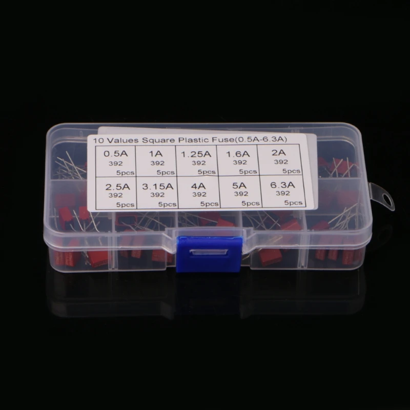 

Metal+Plastic 50 Pcs Square Plastic Fuse Kit 10 Values 0.5-6.3A For Power Board TV LCD #20/18L