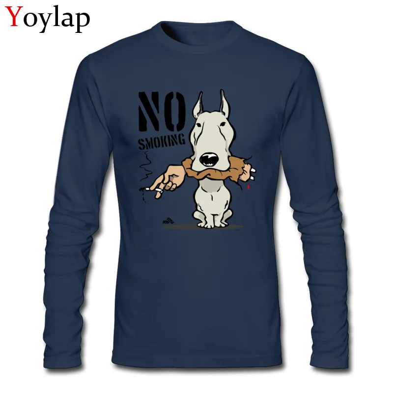 O Neck T Shirts Funny Fall Tops T Shirt Long Sleeve for Men Cheap Cotton Fabric No smoking cartoon dog Group Tee Shirt No smoking cartoon dog navy