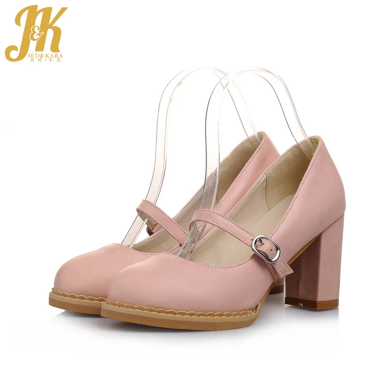 

J&K 2017 Big Size 32-43 New Design Women Shoes High Thick Heels Buckle Strap Women Pumps Round toe High Heels Pumps Shoes Woman
