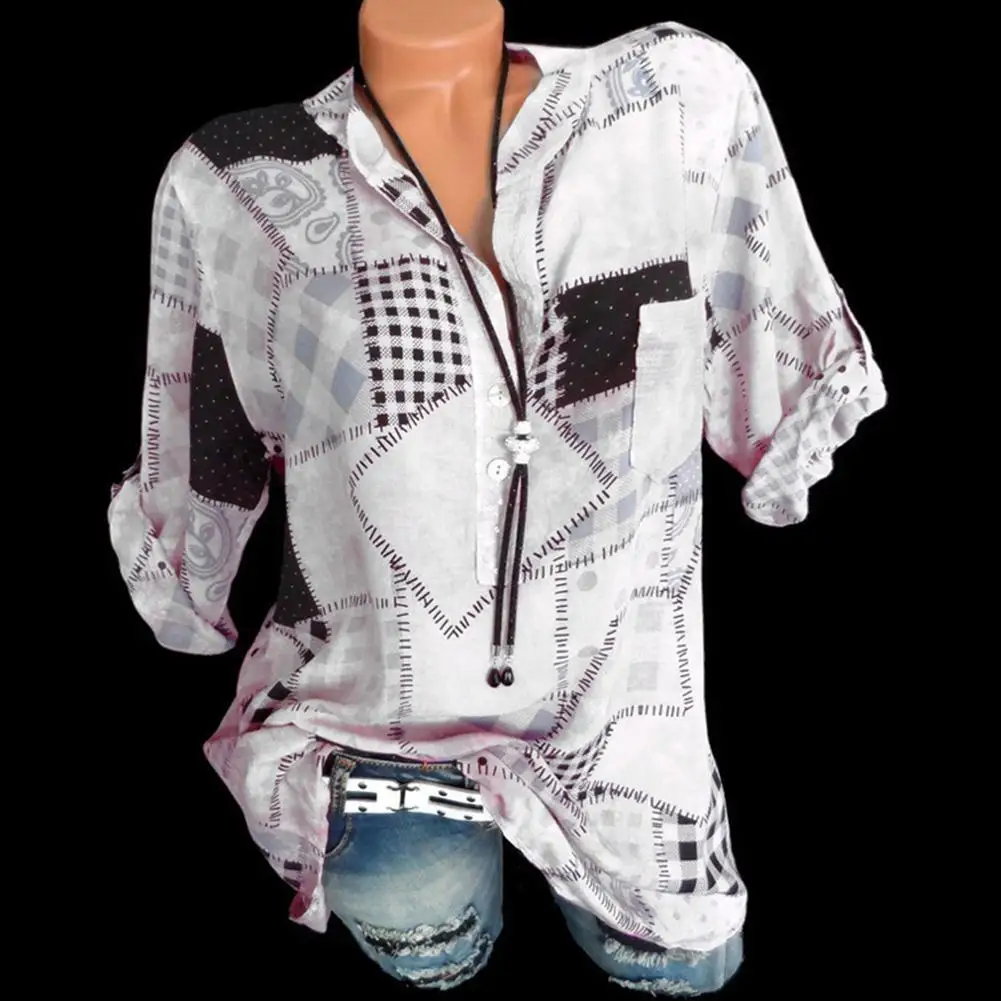 

Women V Neck Roll Up Long Sleeve Shirt Printing Casual Plus Size Top Blouse