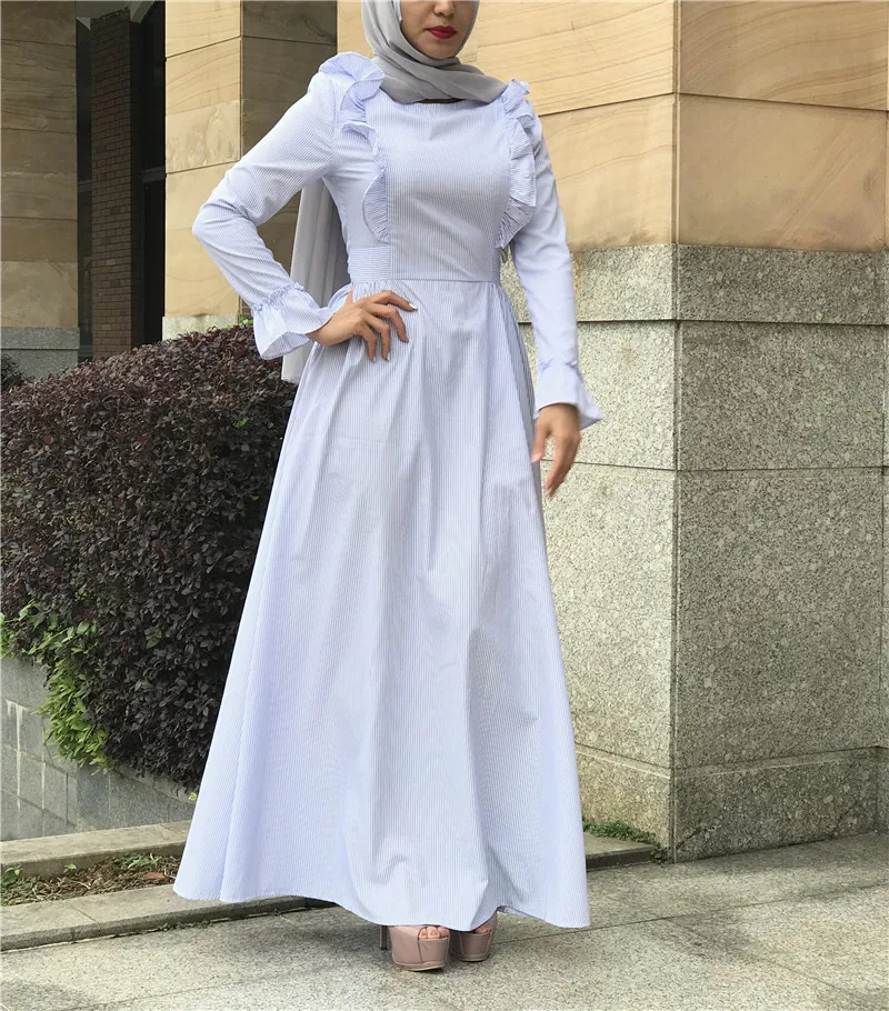 Модное женское мусульманское платье абайя с О-образным вырезом, гофрированный рукав, черное, синее, в полоску, исламское платье, турецкое, дубайское платье, Musulmane
