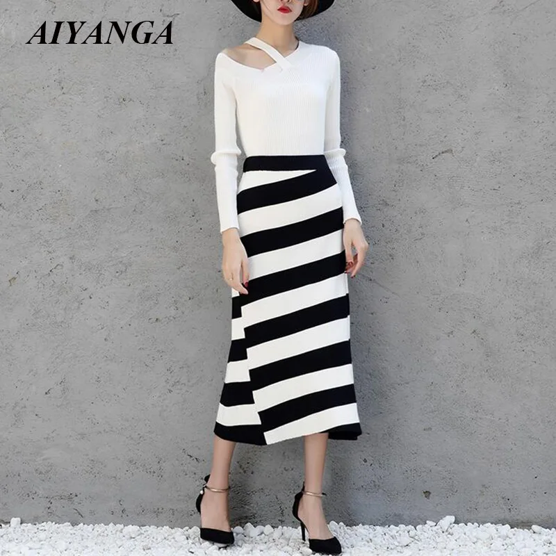 

Women Striped Knitted Skirts 2018 Autumn Medium Long Skirts Elastic waist Knitting Skirt package Hip Slim Ladies Chic Skirts