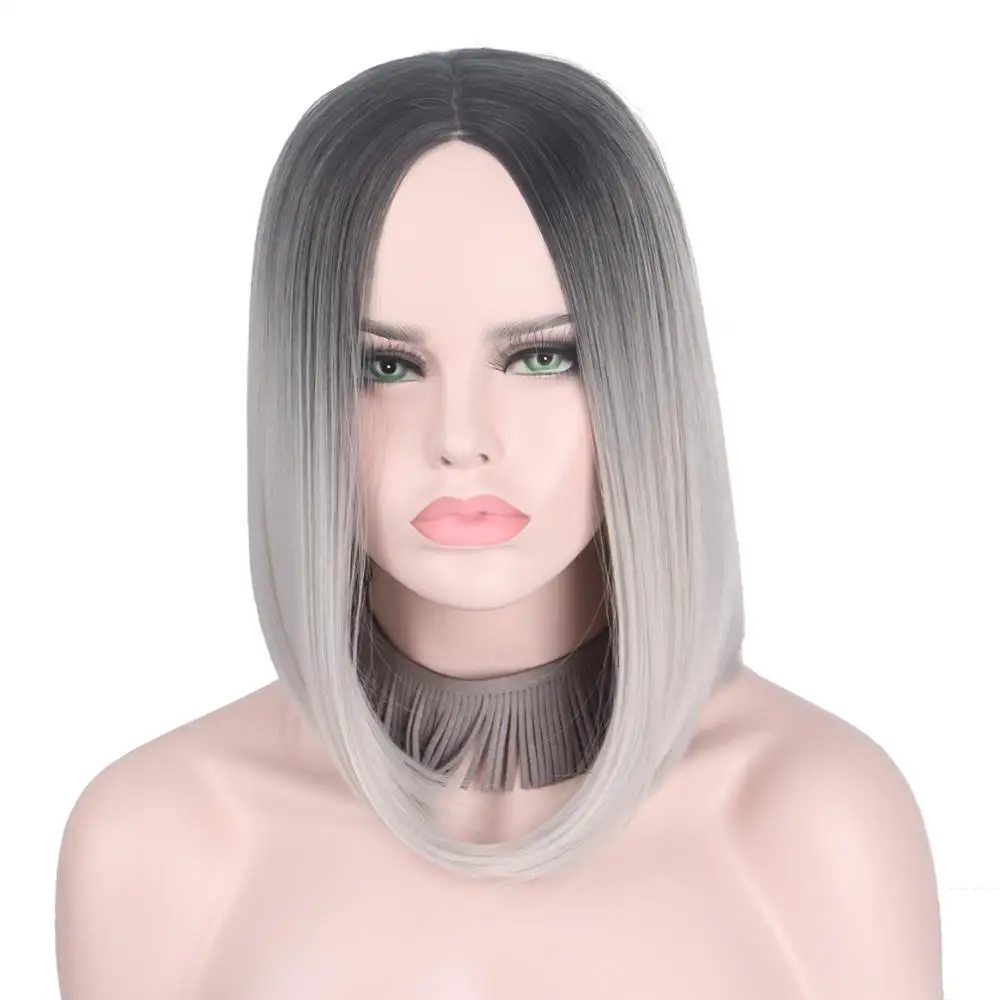Короткий серый парик серебряные волосы Омбре Косплей парики для женщин короткий боб парик без челки средняя часть плеча длина не
