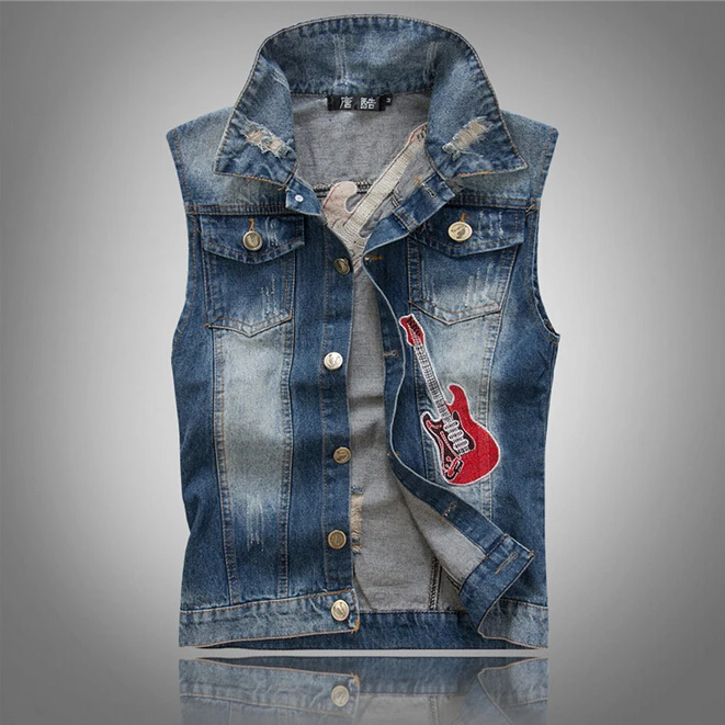 Slim men's denim vest fashion guitar pattern casual men vest sleeveless