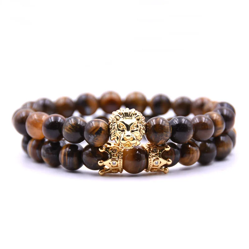

KANGKANG 2 pieces/set popular natural stone 8mm Bead Charm Bracelet Men&Women Jewelry Golden Lion head and Crown Bracelet Gift