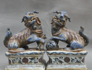 

China Fengshui Old Porcelain Glaze Evil Guardian Door Foo Dog Lion Statue Pair