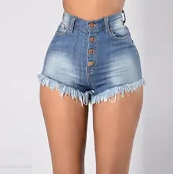 2019 летние женские джинсовые шорты с высокой талией отбеленные винтажные ремесленные джинсовые шорты однорядные пряжки заусенцы