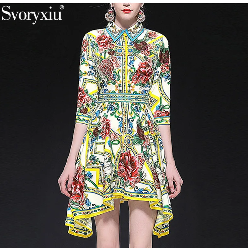 

Svoryxiu Women's Spring Summer Runway Dress Women's Long Sleeve Rose Painted Pottery Printed Sexy Party Asymmetrical Dresses