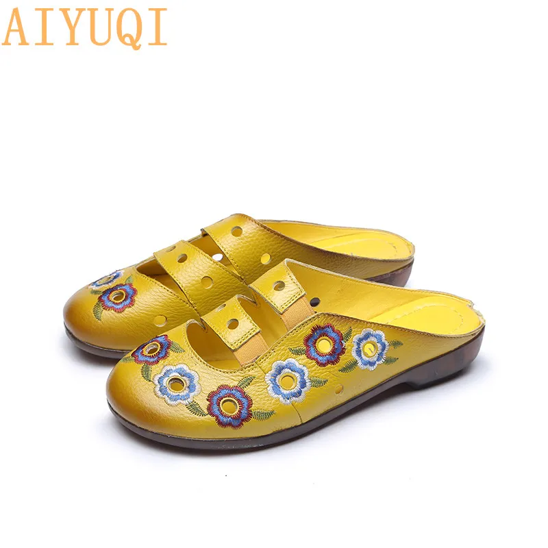 

AIYUQI Women summer slippers 2019 new genuine leather sandals women embroidered flat bottom mother slippers casual footwear