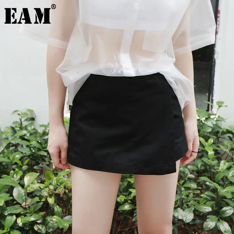 

[EAM] 2019 New Spring Summer High Waist Loose Wide Black Loose Irregular Split Joint Leg Shorts Women Trousers Fashion JU702