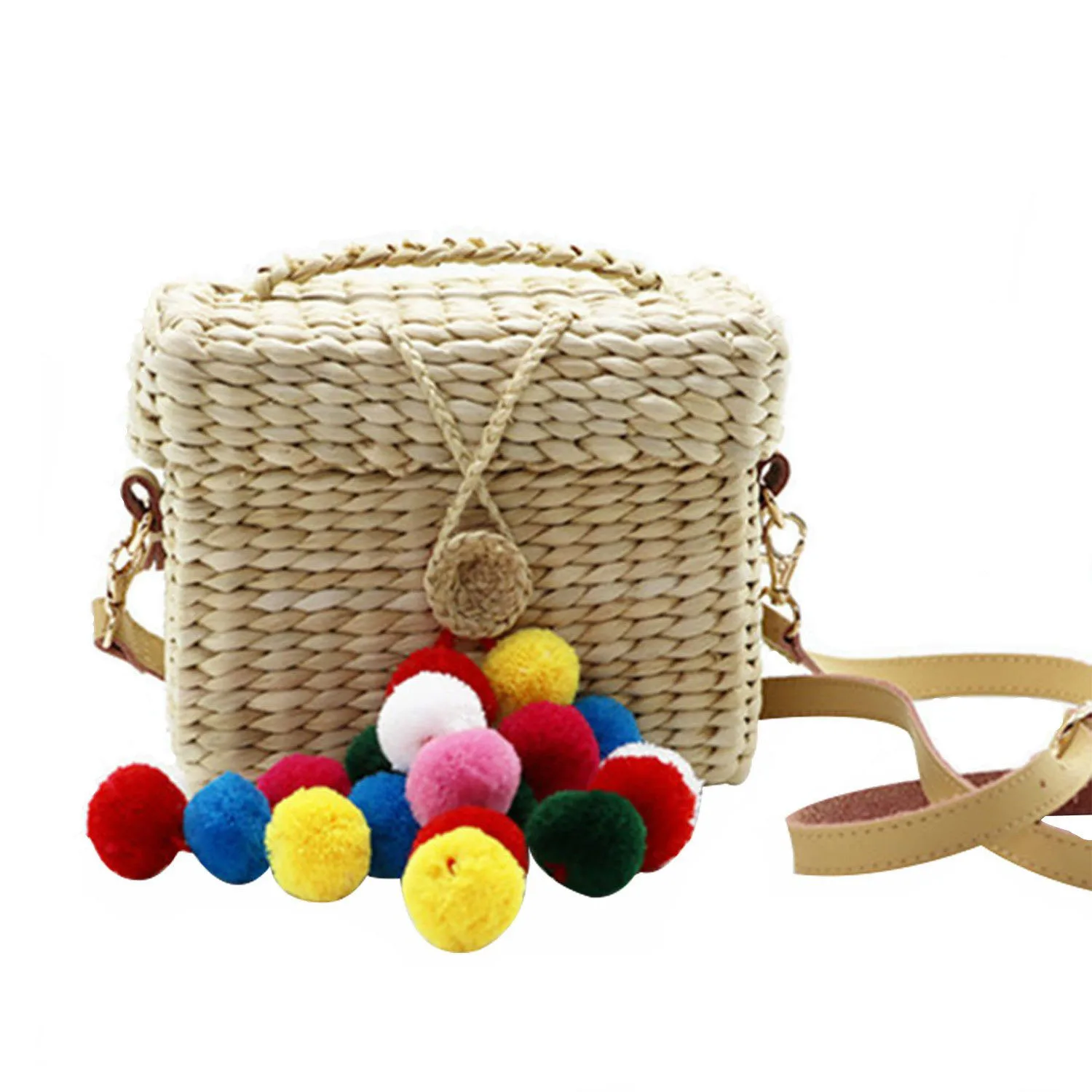 

Handmade Mini square bucket Bag with Plush Ball Womens Handbag rattan Crossbody bags
