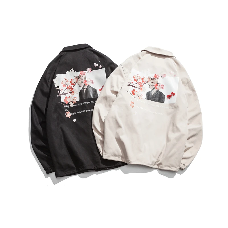 Черный белый цвет сливы печатных японский мужской тренерская куртка спортивная одежда пальто уличная на пуговицах Winbreaker Винтаж Chore пальто Ha