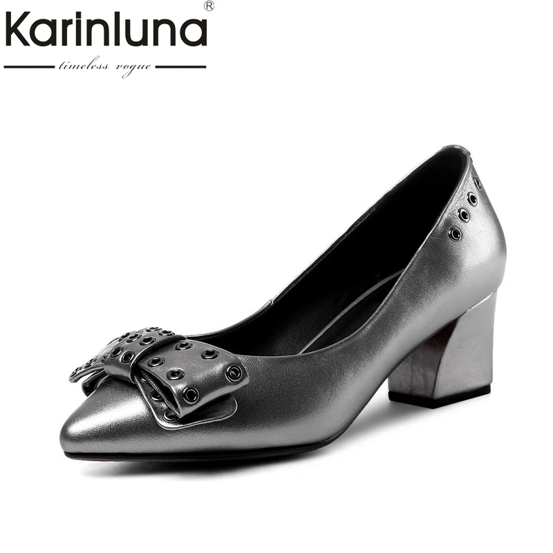 

Karinluna Fashion Large Size 34-43 Cow Leather Chunky Heels Pumps Woman Shoes Slip On Bowtie INS Pumps Lady Shoes Woman