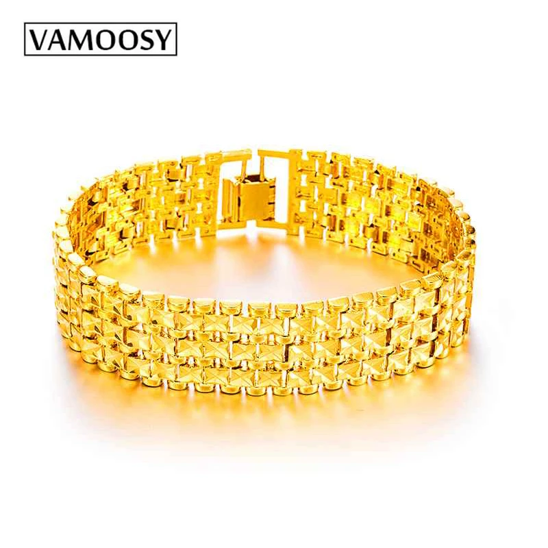 

VAMOOSY Unique Cuban Chain Link Bracelets bangles Punk Male 24K Gold Color copper Shiny Wide Bracelet For Men Jewelry Pulseras