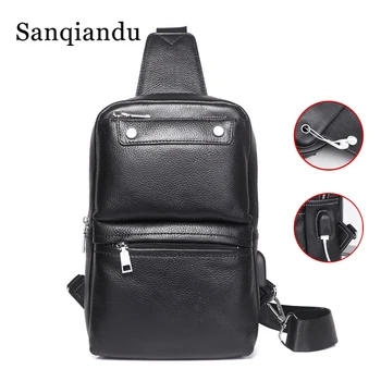 

USB Mens Chest Bags Genuine Leather Sling Bag Men Messenger Small Shoulder Bags for Men Cross Body Waterproof Travel Male Bag