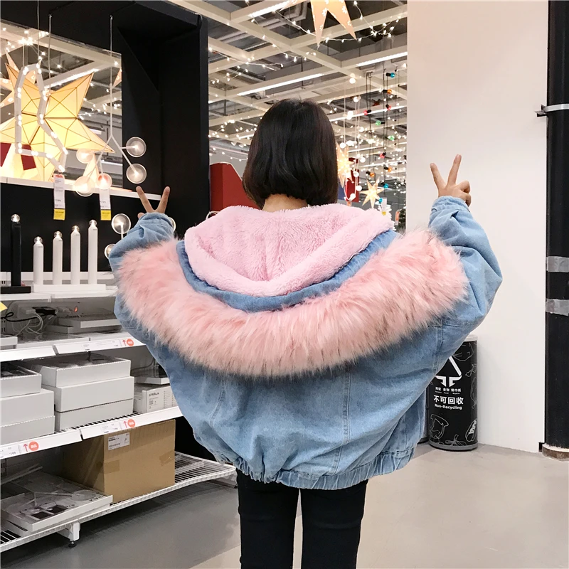 Blue Survêtement De Poitrine Mode Casual Fourrure Denim Velours Col Zx797 Femmes Confortable Épais Unique Lâche Femelle Plus Hiver Manteaux UqEHvSwnBH