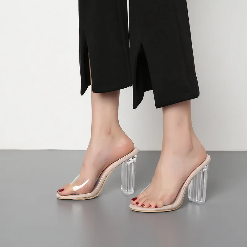

2019 summer new comfortable simple solid color PVC high-heeled slippers women comfortable wild Roman style casual shoes