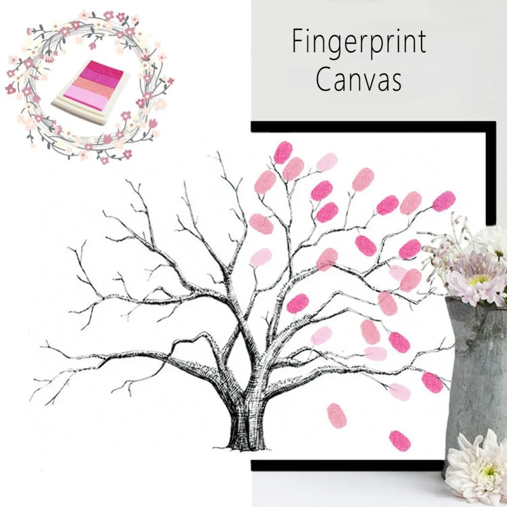 

Fingerprints Tree DIY Guest Signature Sign-in Book Canvas Fingerprints Tree Painting for Wedding Party with 4pcs Ink Pads