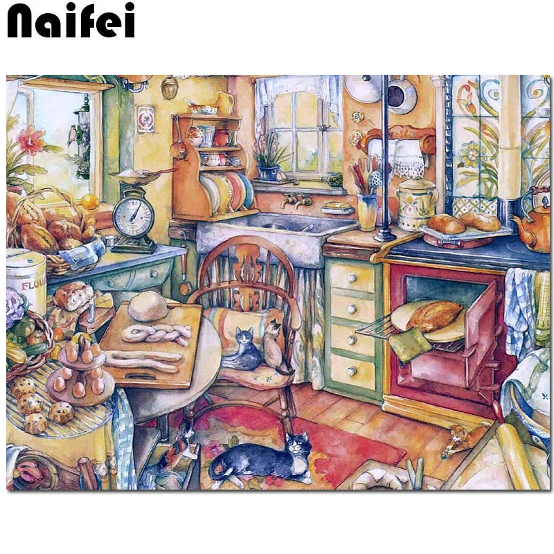 

DIY Diamond Painting cat Diamonds Embroidery “kitchen”landscape Diamond Mosaic Sale Full Drill Square Animal Rhinestones Pictu