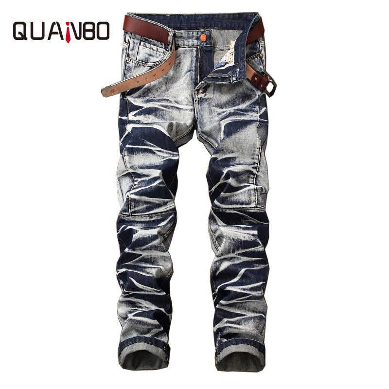 

QUANBO Brand Jeans Retro Nostalgia Straight Denim Jeans European and American Style Fashion Pleated Casual Long Pants 29-42