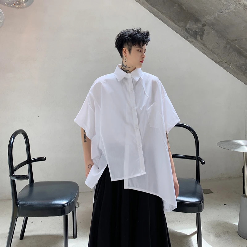 

MIXCUBIC 2019 summer British style unique Asymmetry splice design shirts men casual loose Stitching shirts for men,size S-XL