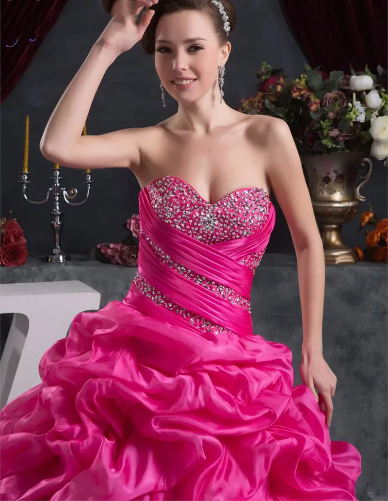 Vestidos De Quinceaneras милое бисерное ярко-розовое Пышное Платье из Тафты Бальные платья милые 15 платья Сладкие 16 принцесс